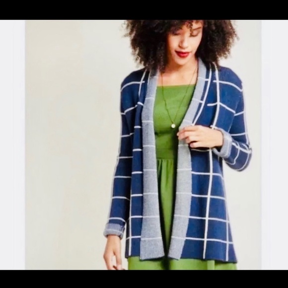 MODCLOTH Sweater Blue White Cardigan Checkered Grid Long Oversized Comfy Size L - Picture 2 of 8